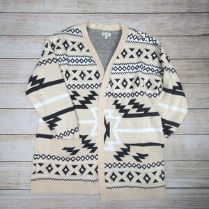 Lucky Brand Womens Cardigan Sweater XL Tan Black Geometric Southwestern Print